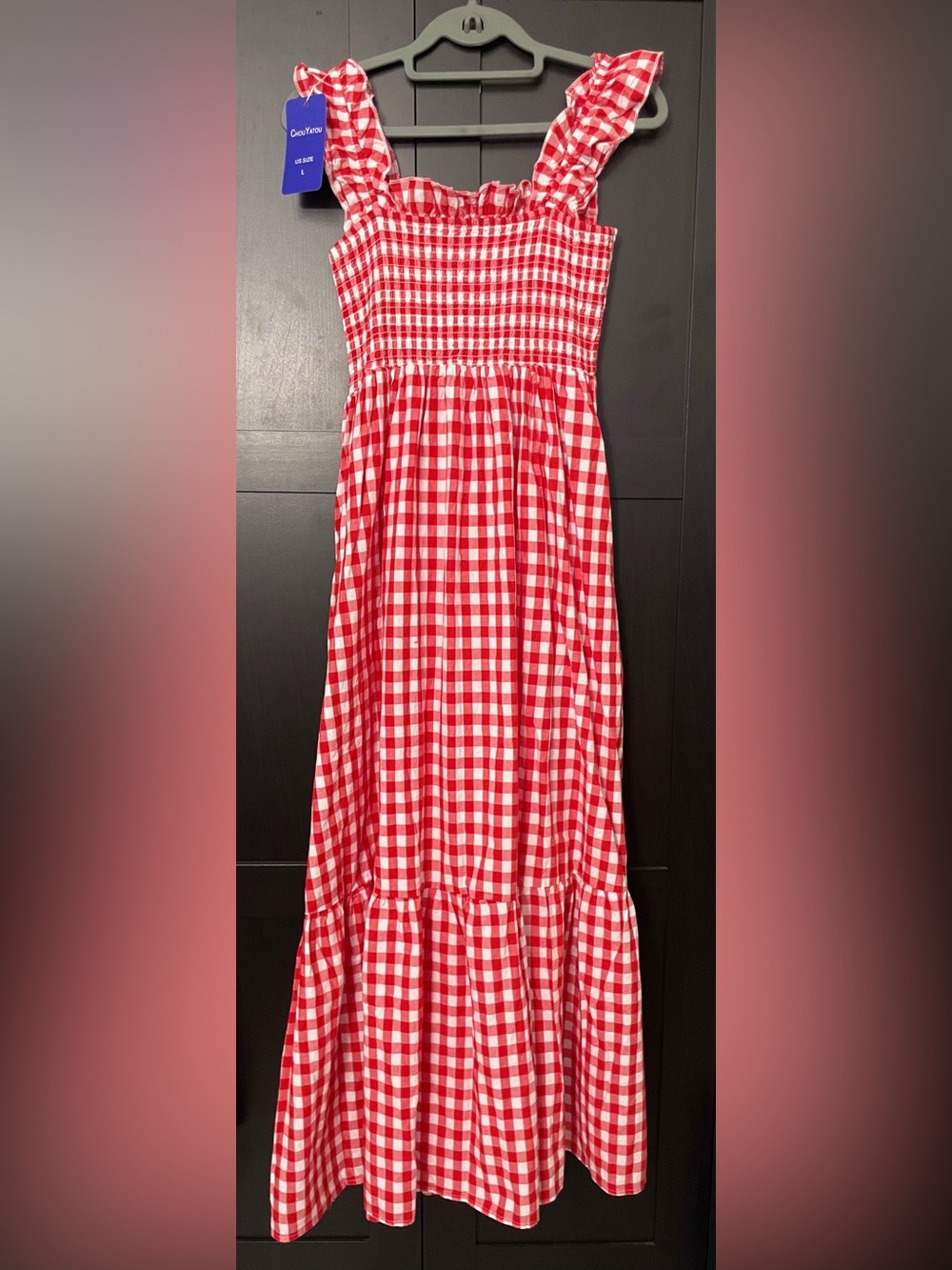 ChouYatou ~ Checked Red Gingham Maxi Dress with Smocked Bodice NWT - L
